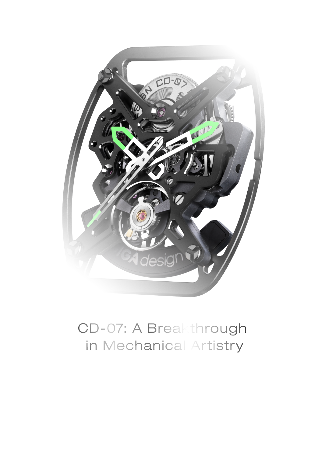 Striking the perfect balance between reliability and artistry,    the in-house CD-07 automatic caliber marks a breakthrough in   mechanical craftsmanship. lts skeletonized bridge and base plate   expand the visible mechanism by 200%, while four corner screws  provide enhanced stability and impact absorption.